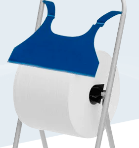 Dispensador tipo trípode de acero lacado, robusto y fabricado en España. Ideal para bobinas industriales grandes, ofrece corte fácil en ABS y máxima estabilidad para baños o cocinas.