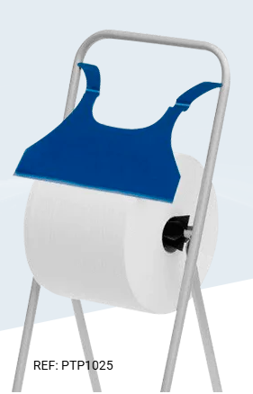 Dispensador tipo trípode de acero lacado, robusto y fabricado en España. Ideal para bobinas industriales grandes, ofrece corte fácil en ABS y máxima estabilidad para baños o cocinas.