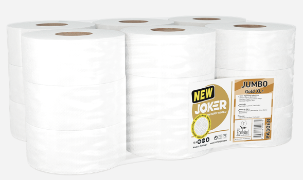 Higiénico Jumbo Gold XL+: 18 rollos de doble hoja laminada y gofrada. Celulosa pura que garantiza máxima suavidad, resistencia y rendimiento superior.